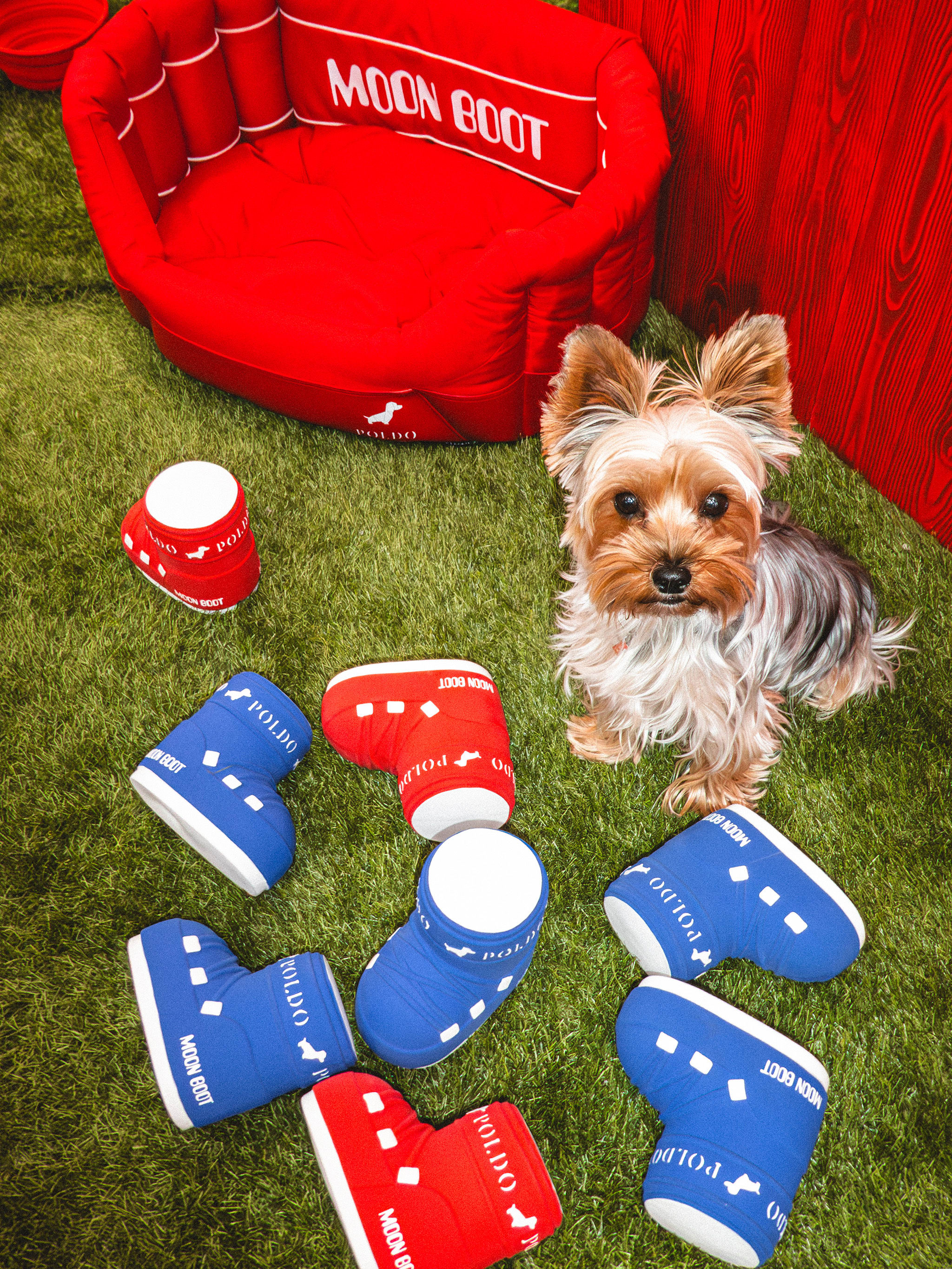 MOON BOOT X POLDO DOG COUTURE ROT GEPOLSTERTES HUNDEBETT