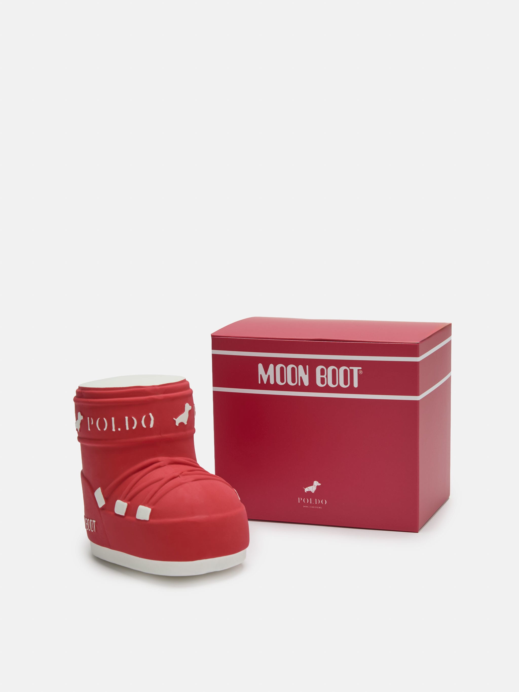 MOON BOOT X POLDO DOG COUTURE ROTES QUIETSCHENDES HUNDESPIELZEUG