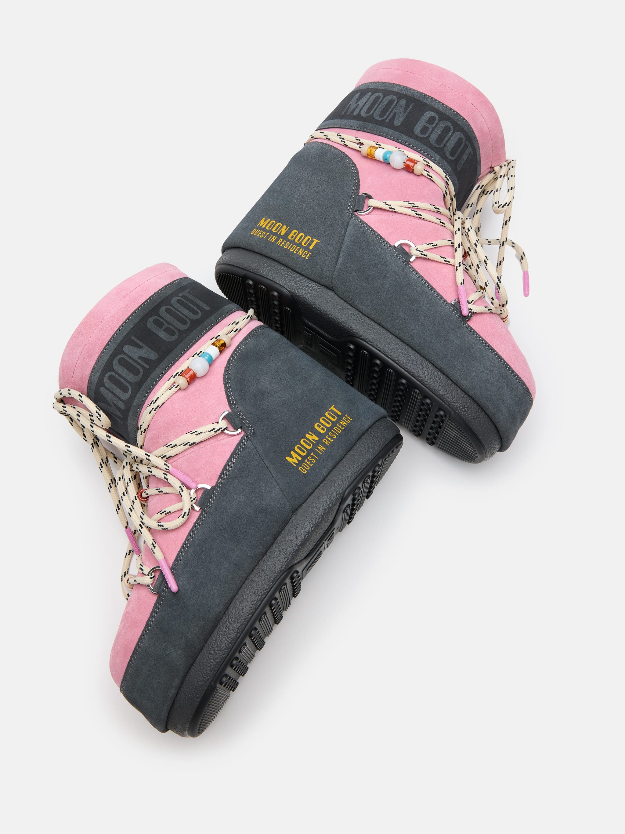 MOON BOOT X GUEST IN RESIDENCE ICON LOW GREY & ROSE BEADED SUEDE STIEFEL
