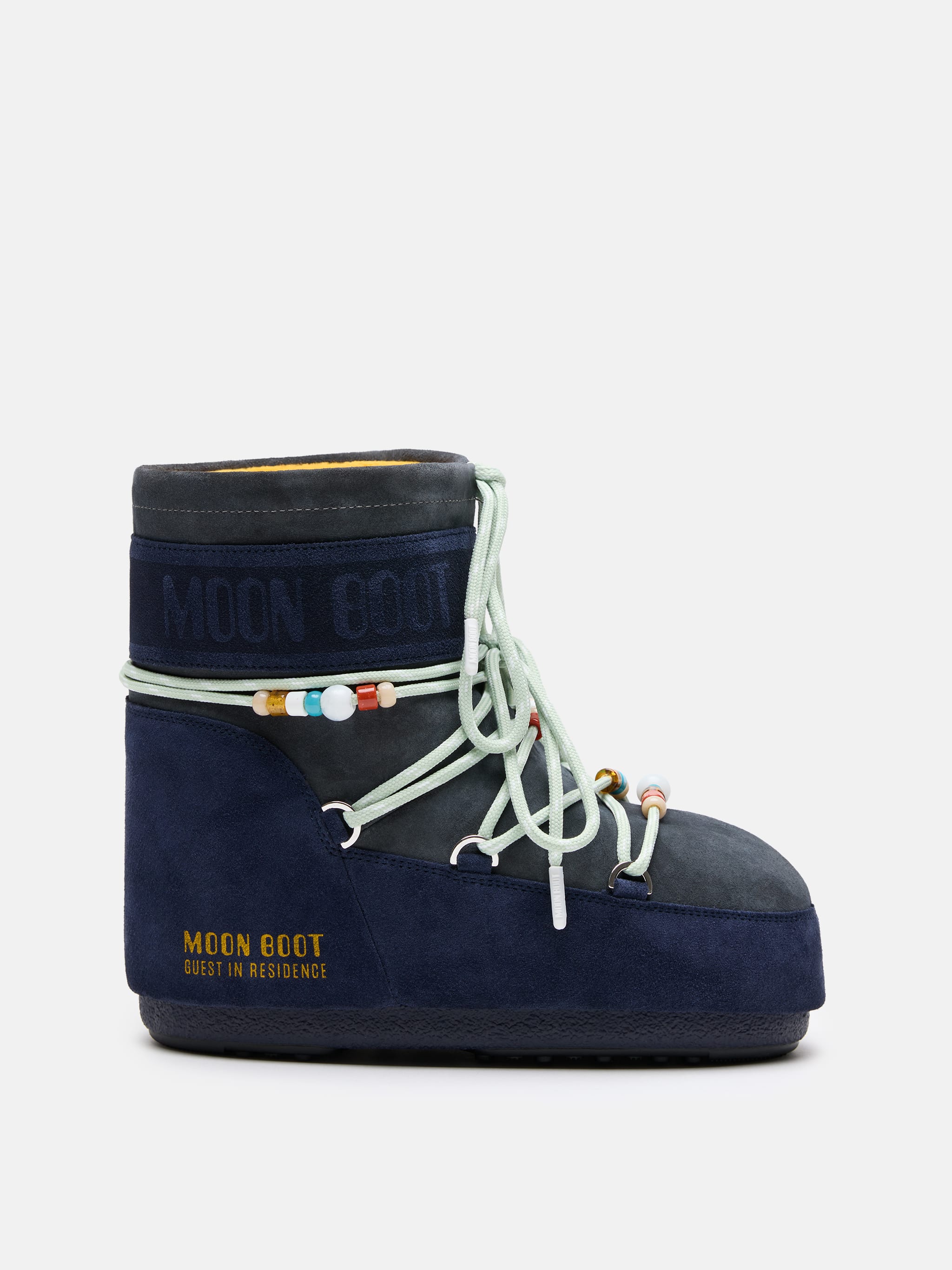MOON BOOT X GUEST IN RESIDENCE ICON LOW MIDNIGHT & GREY BEADED SUEDE STIEFEL