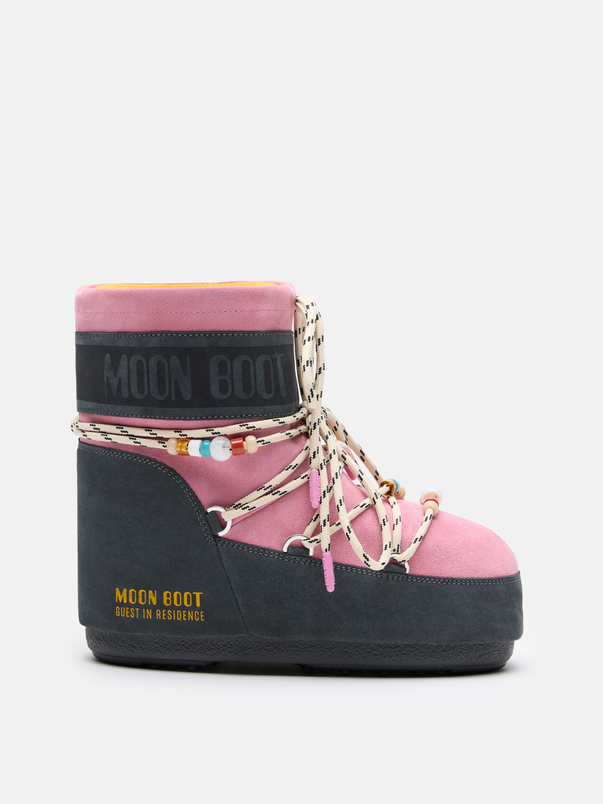 MOON BOOT X GUEST IN RESIDENCE ICON LOW GREY & ROSE BEADED SUEDE STIEFEL